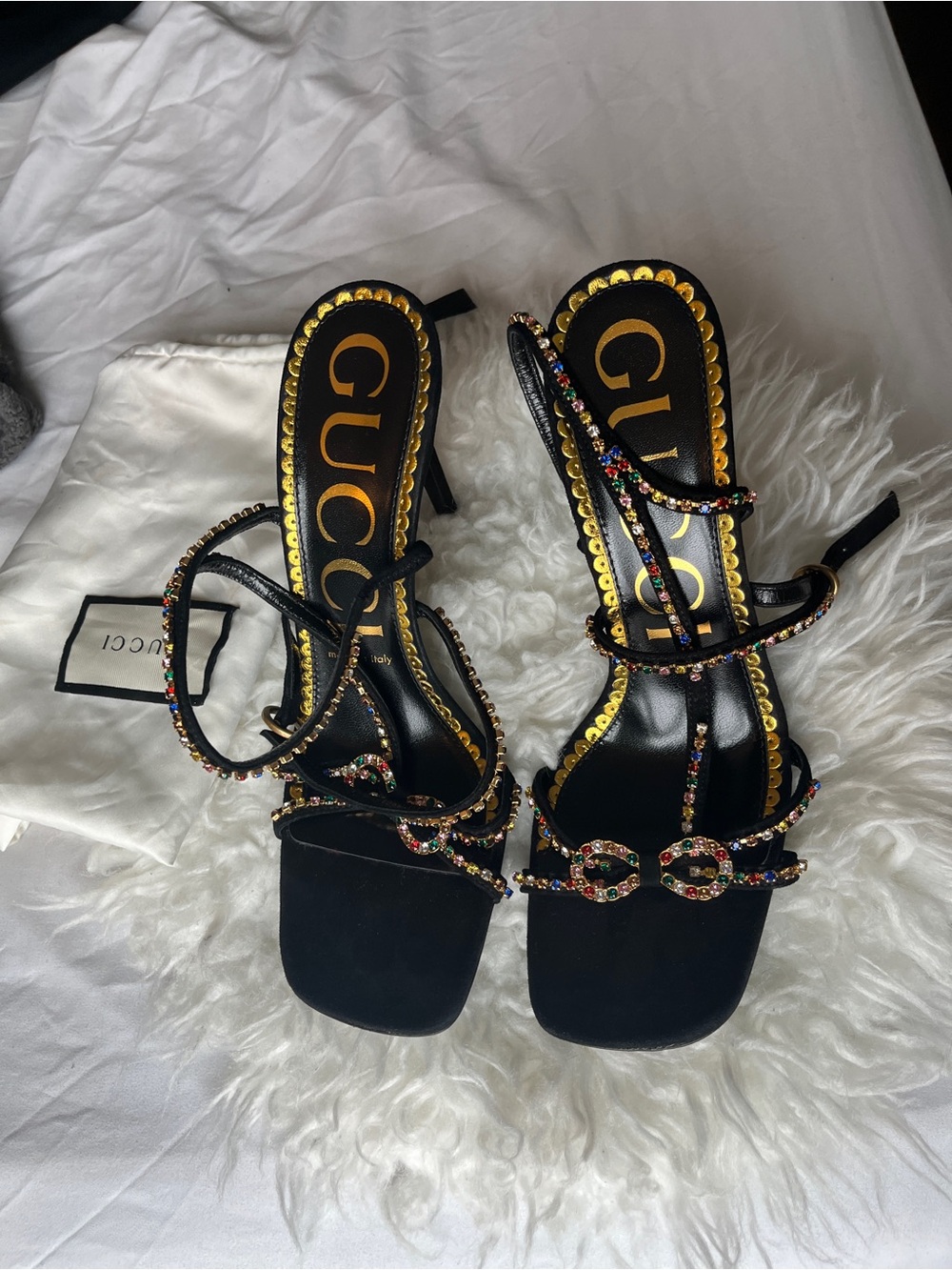 Gucci Black Multicolor Crystal Strappy Heels